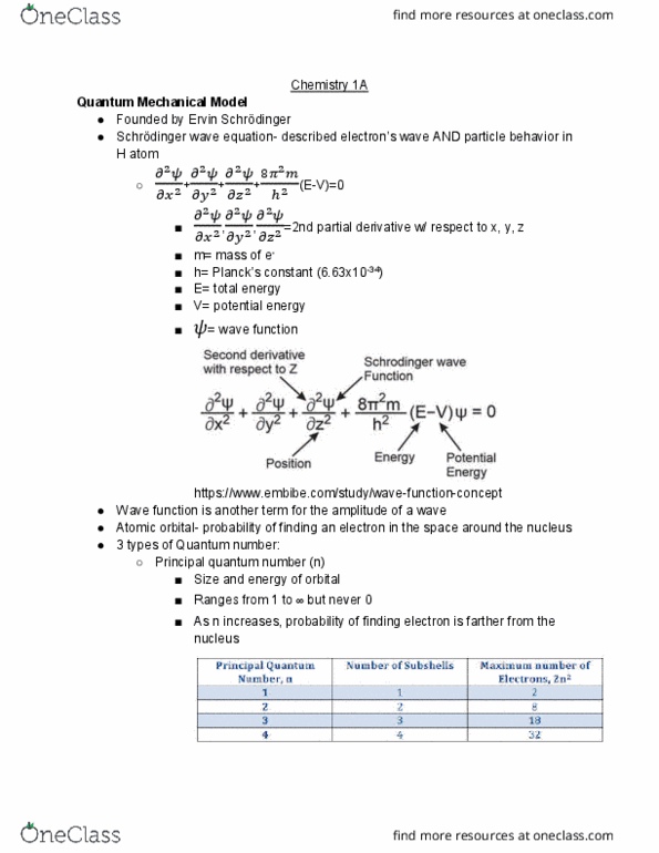CHEM 1A Lecture Notes - Lecture 9: Principal Quantum Number, Atomic Orbital, Partial Derivative thumbnail