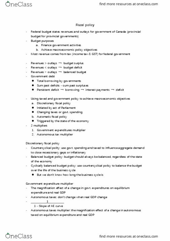 Economics 1022A/B Lecture Notes - Lecture 29: Procyclical And Countercyclical, Balanced Budget, Government Debt thumbnail