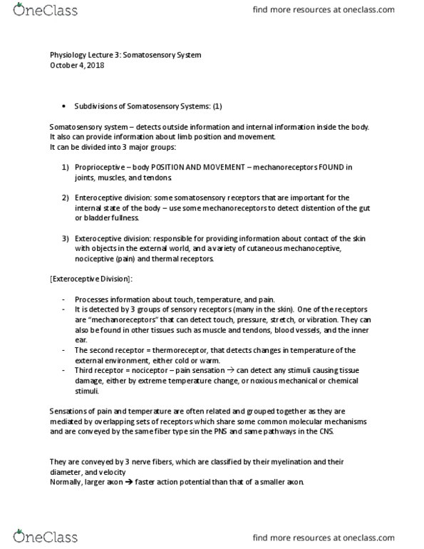 PHYL 2041 Lecture Notes - Lecture 3: Noxious Stimulus, Mechanoreceptor, Nociception thumbnail