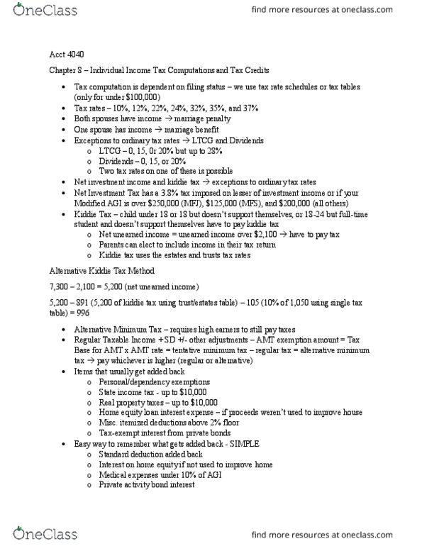 ACCT-4040 Lecture Notes - Lecture 6: Alternative Minimum Tax, Home Equity Loan, State Income Tax thumbnail