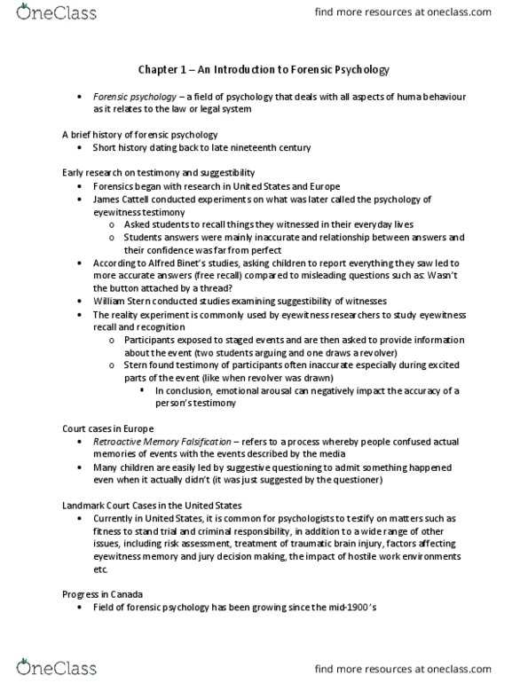 PSYC 2400 Chapter Notes - Chapter 1: Traumatic Brain Injury, Eyewitness Memory, Forensic Psychology thumbnail