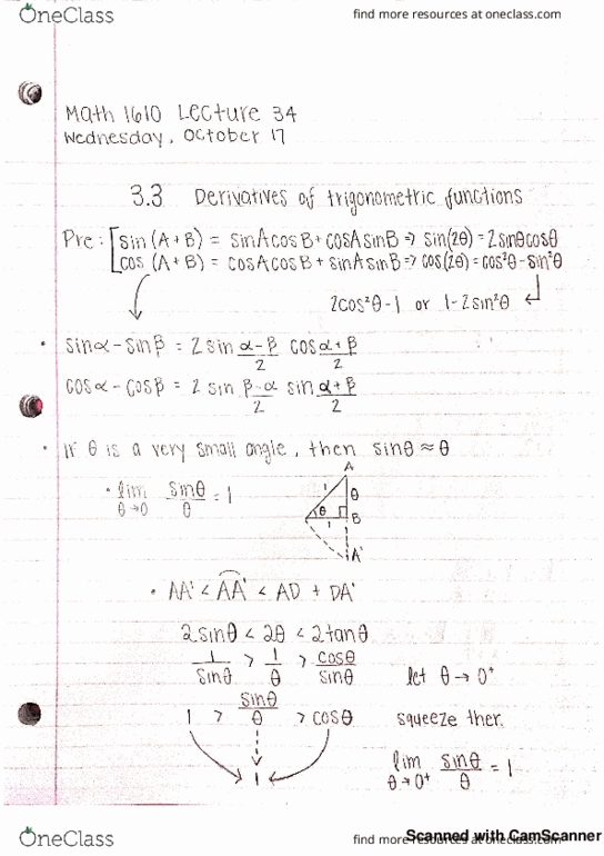 MATH 1610 Lecture 34: 3.3 Derivatives of trigonometric functions and special limits cover image