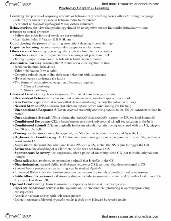 PSYC 100A Chapter Notes - Chapter 7: Little Albert Experiment, Learning, Classical Conditioning thumbnail