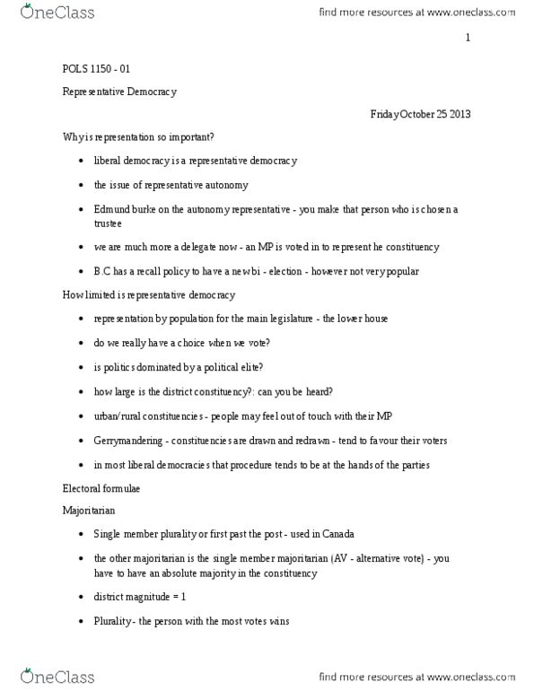 POLS 1150 Lecture Notes - Plurality Voting System, Single Transferable Vote, Electoral District thumbnail