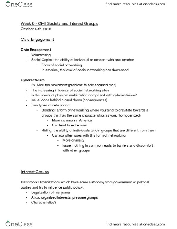 POLS 1400 Lecture Notes - Lecture 6: Internet Activism, Advocacy Group, Civil Society thumbnail