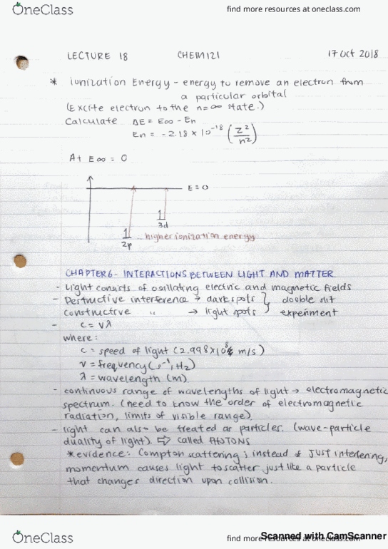 CHEM 121 Lecture 18: Ionization Energy & Chapter 6 - Interactions Between Light and Matter cover image