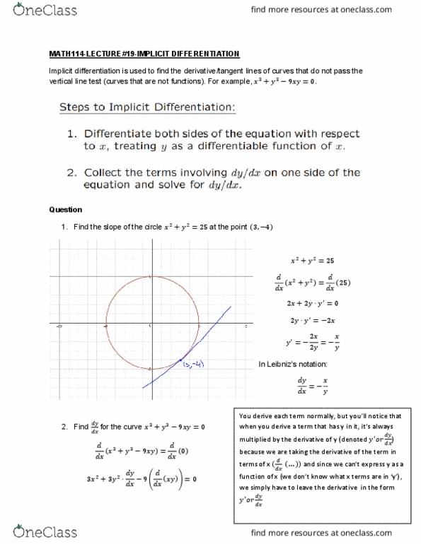 MATH114 Lecture Notes - Lecture 19: Implicit Function cover image
