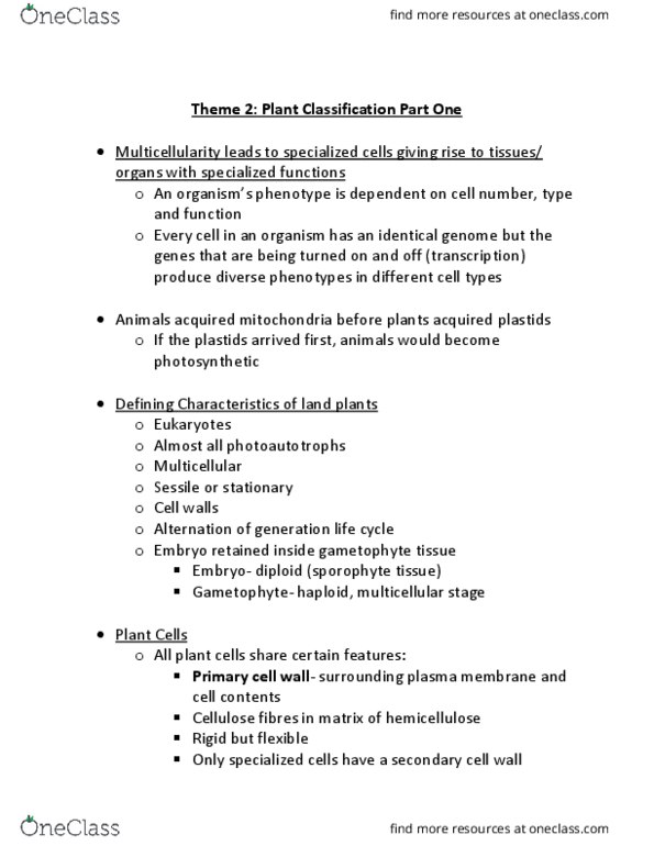 BIOL 371 Lecture Notes - Lecture 1: Primary Cell, Gametophyte, Hemicellulose thumbnail