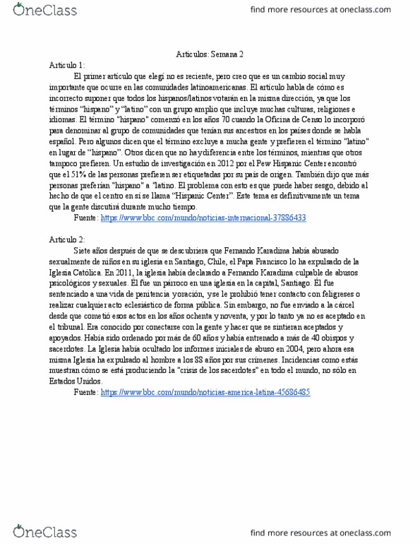 SPAN 305 Chapter Notes - Chapter Artículo: Pew Research Center, El Problema, Iniciales thumbnail