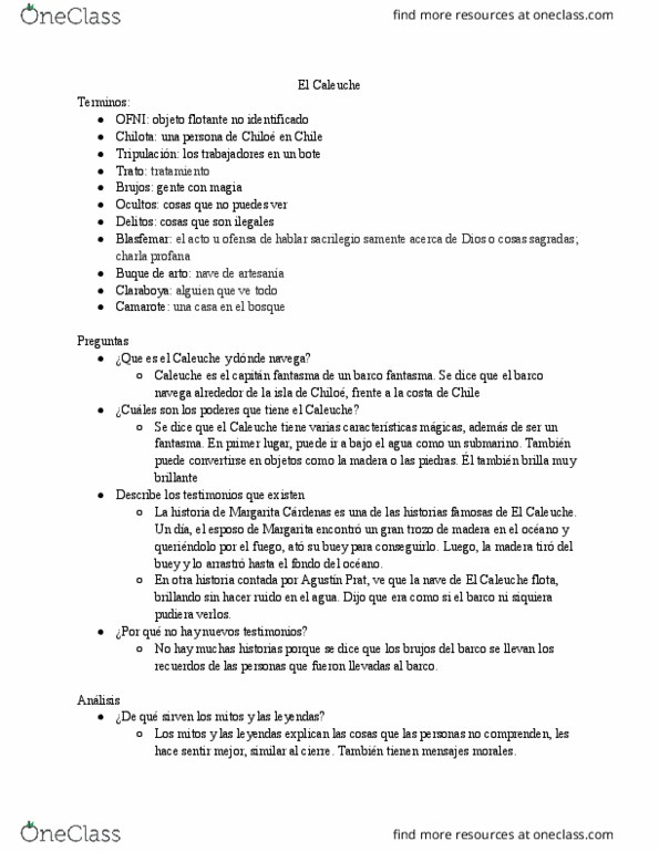 SPAN 301 Chapter Notes - Chapter Unknown: Los Brujos, Caleuche, Ilegales thumbnail