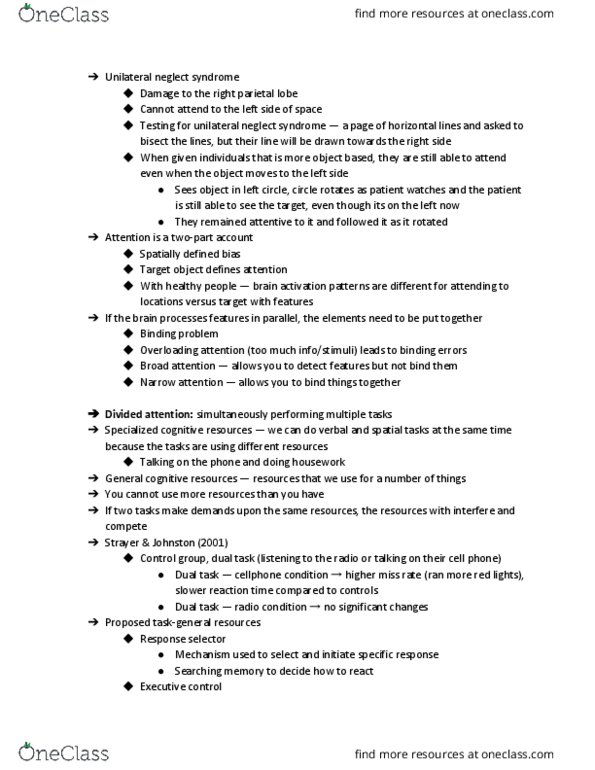 AUPSY 263 Lecture Notes - Lecture 10: Hemispatial Neglect, Parietal Lobe, Binding Problem thumbnail