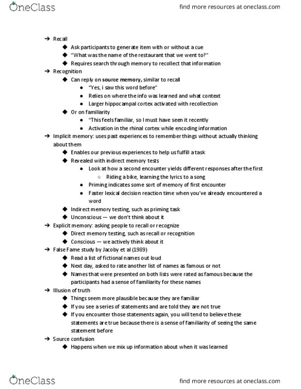 AUPSY 263 Lecture Notes - Lecture 14: Rhinal Cortex, Implicit Memory, Lexical Decision Task thumbnail