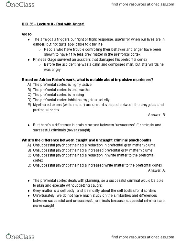 BIO SCI 35 Lecture Notes - Lecture 8: Prefrontal Cortex, Phineas Gage, Grey Matter cover image