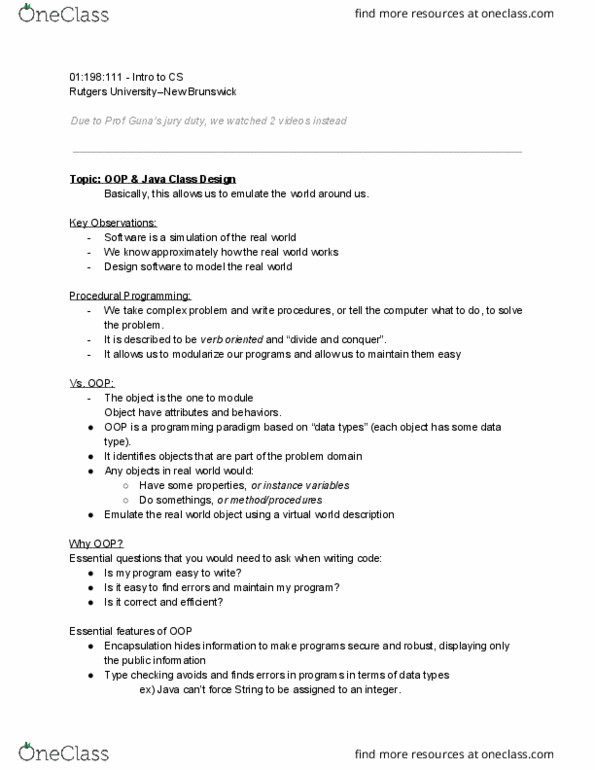 01:198:111 Lecture Notes - Lecture 13: Programming Paradigm, Type System cover image