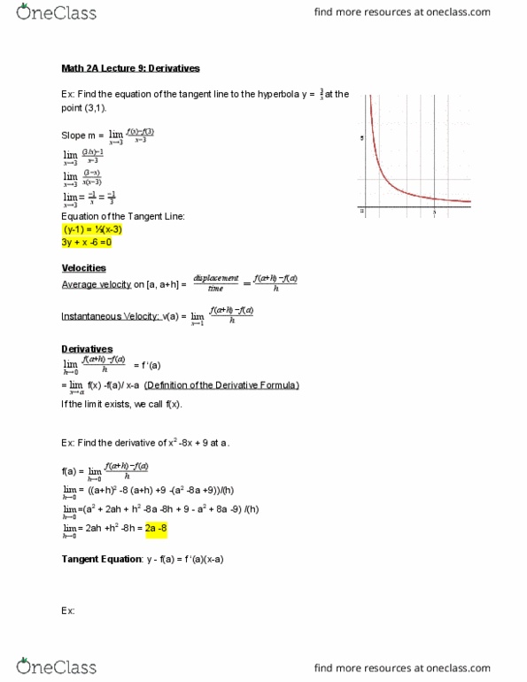 MATH 2A Lecture Notes - Lecture 9: Tangent, Hyperbola thumbnail
