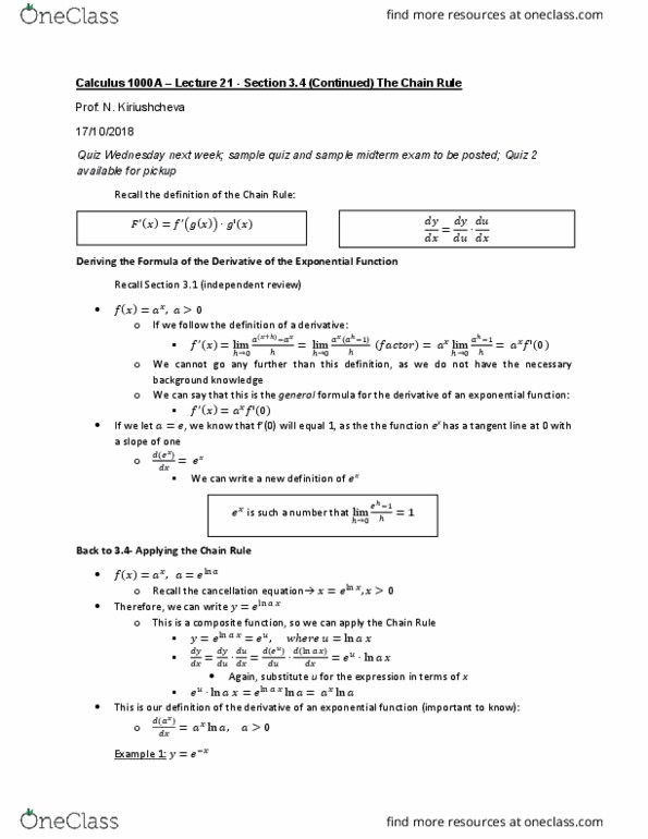 Calculus 1000A/B Lecture Notes - Lecture 21: Function Composition, Product Rule cover image