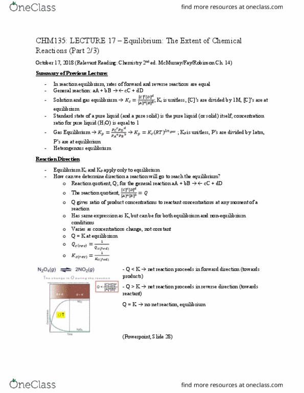 CHM135H1 Lecture Notes - Lecture 18: Reaction Quotient, Equilibrium Constant, Haber Process cover image