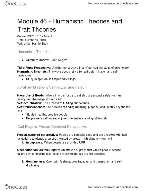 PSYC 1010 Chapter Notes - Chapter 46: Abraham Maslow, Humanistic Psychology, Psychoanalysis thumbnail