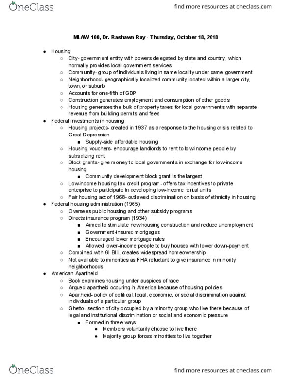 MLAW 100 Lecture Notes - Lecture 16: Community Development Block Grant, Federal Housing Administration, Redlining thumbnail