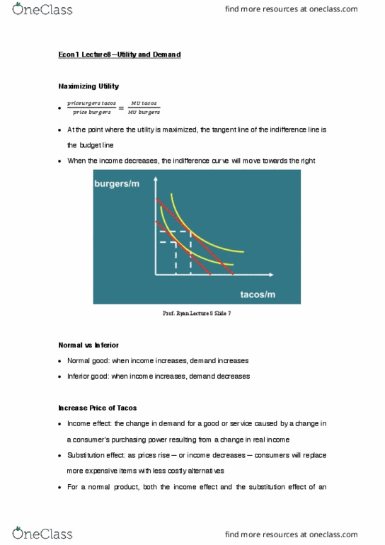 ECON 1 Lecture Notes - Lecture 8: Indifference Curve, Inferior Good, Normal Good cover image
