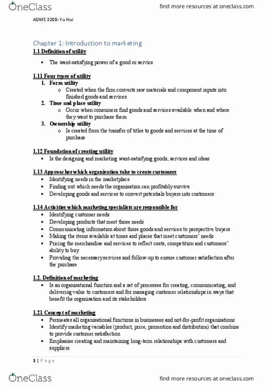 ADMS 2200 Lecture Notes - Lecture 1: Relationship Marketing, Customer Relationship Management, Sustainable Products thumbnail