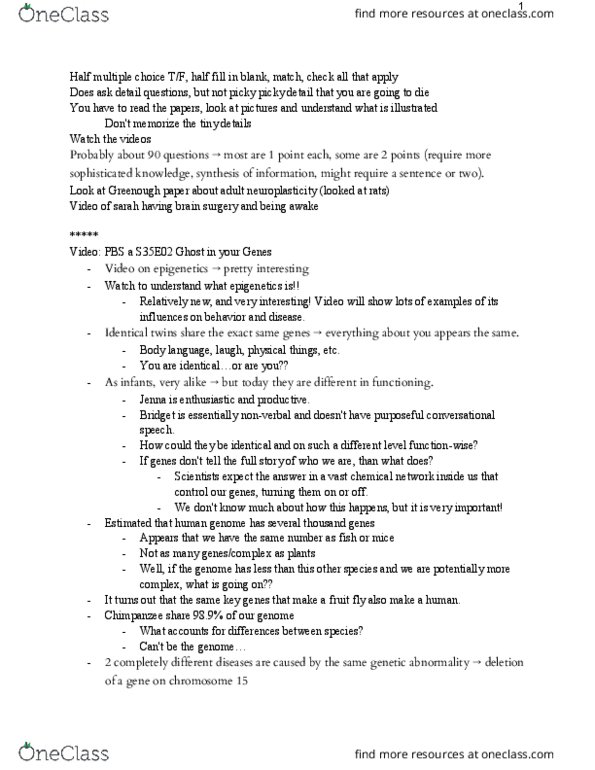 PSYC3338 Lecture Notes - Lecture 13: Neuroplasticity, Body Language, Chromosome thumbnail