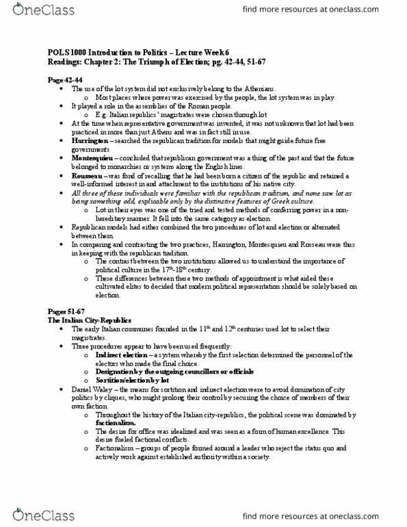 POLS 1000 Chapter Notes - Chapter 2: Indirect Election, Montesquieu, Sortition thumbnail