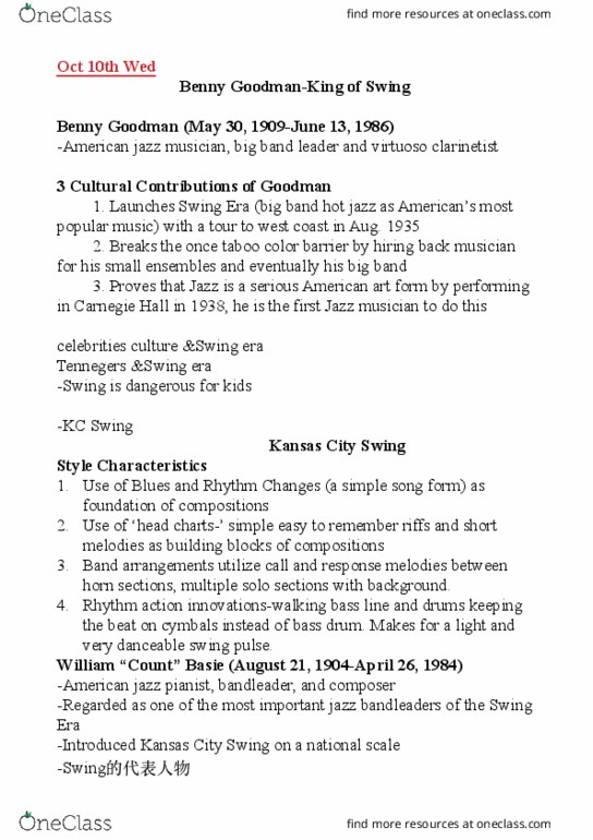 MU239 Lecture Notes - Lecture 6: Benny Goodman, Swing Era, Big Band thumbnail