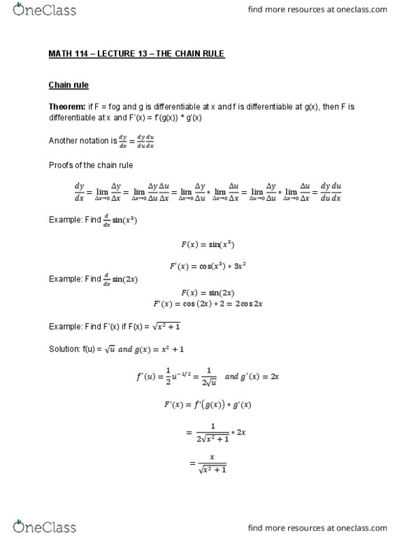 MATH114 Lecture 13: MATH 114 – LECTURE 13 – THE CHAIN RULE cover image