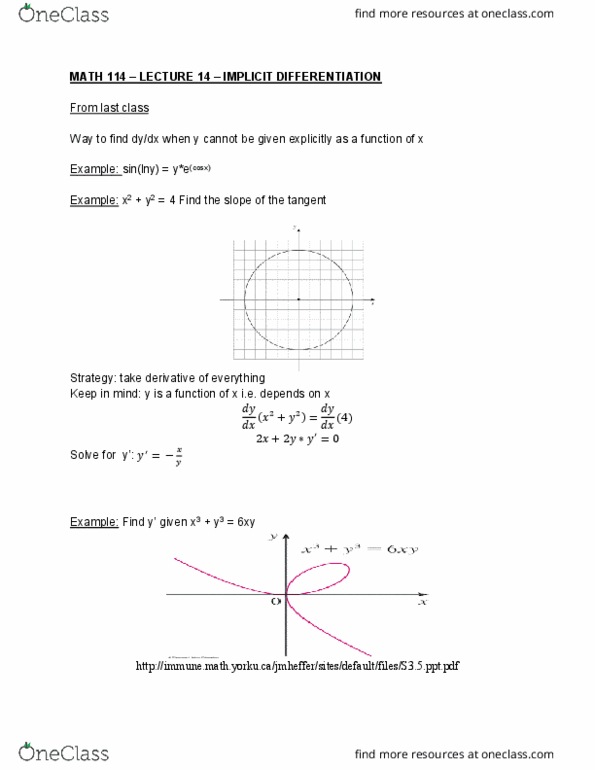 MATH114 Lecture Notes - Lecture 14: Implicit Function, Quotient Rule, Logarithmic Differentiation cover image