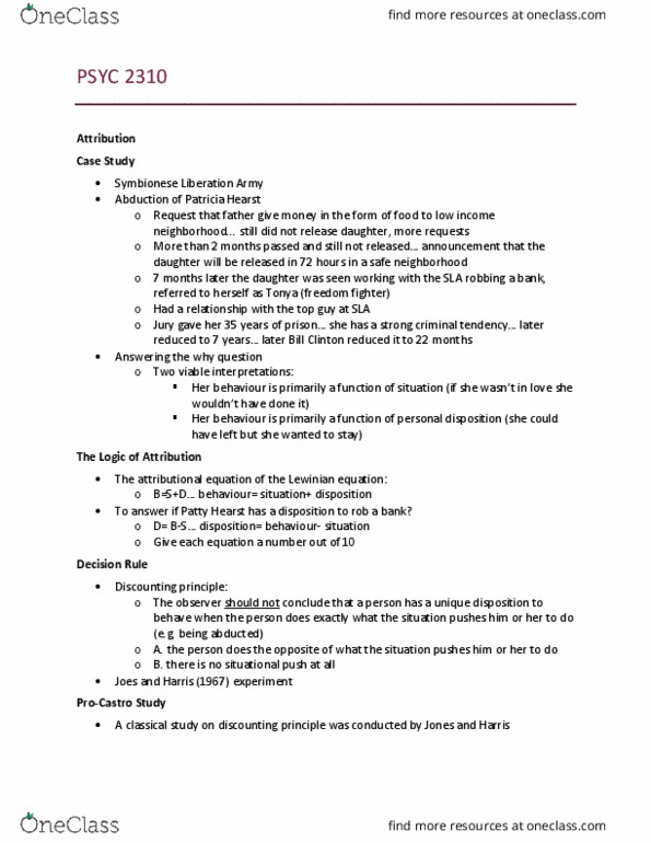 PSYC 2310 Lecture Notes - Lecture 4: Symbionese Liberation Army, Dispositional Attribution, Fundamental Attribution Error thumbnail