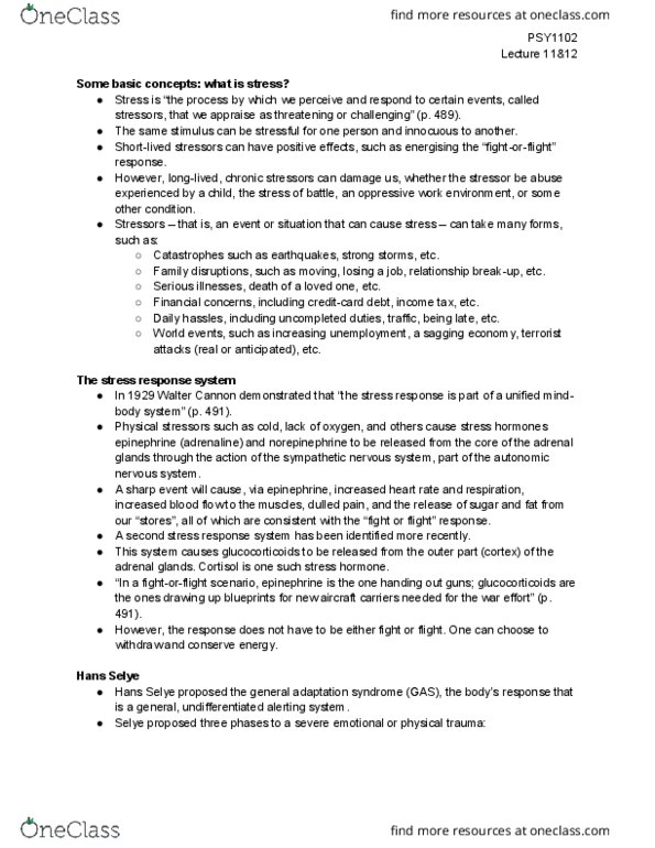 PSY 1102 Lecture Notes - Lecture 11: Hans Selye, Walter Bradford Cannon, Sympathetic Nervous System thumbnail