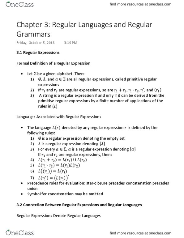 CMPSC 138 Chapter Notes - Chapter 3: Regular Grammar, Regular Language, Regular Expression thumbnail