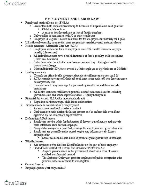 SMG LA 245 Lecture Notes - Lecture 8: Hobby Lobby, Health Insurance Mandate, Labour Law thumbnail