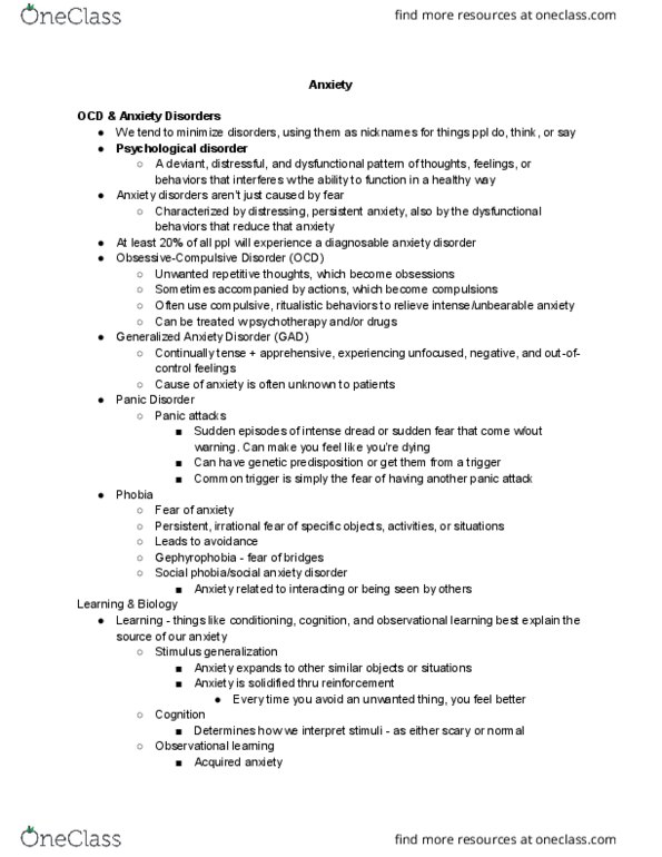 PSYCH 3331 Chapter Notes - Chapter 0: Generalized Anxiety Disorder, Panic Disorder, Panic Attack thumbnail