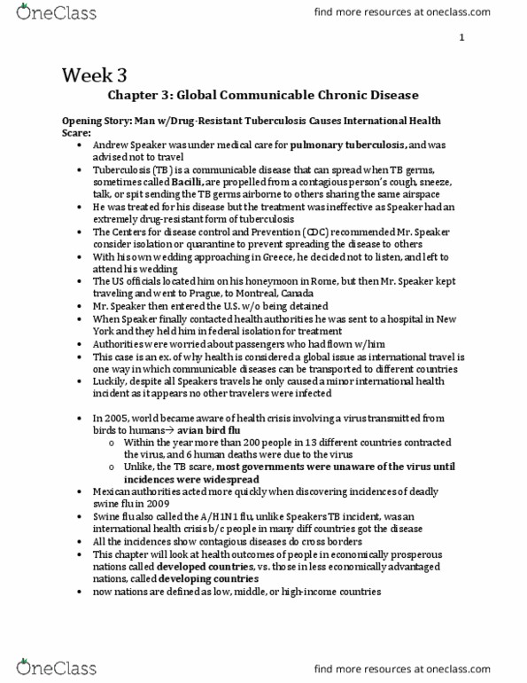 Nursing 4320A/B Chapter Notes - Chapter 3: Swine Influenza, Tuberculosis, Global Health thumbnail