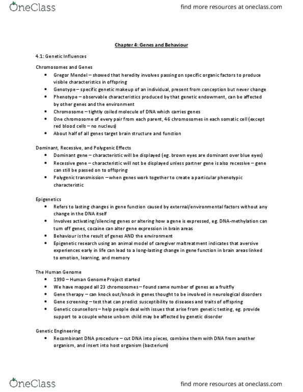 Psychology 1000 Lecture Notes - Lecture 4: Human Genome Project, Gregor Mendel, Recombinant Dna thumbnail