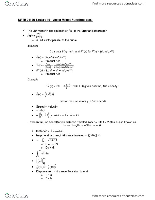 MATH 2110Q Lecture Notes - Lecture 16: Unit Vector, Product Rule cover image
