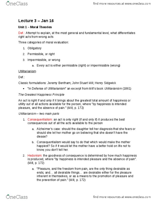 PHLA11H3 Lecture Notes - Lecture 3: John Stuart Mill, Henry Sidgwick, Jeremy Bentham thumbnail