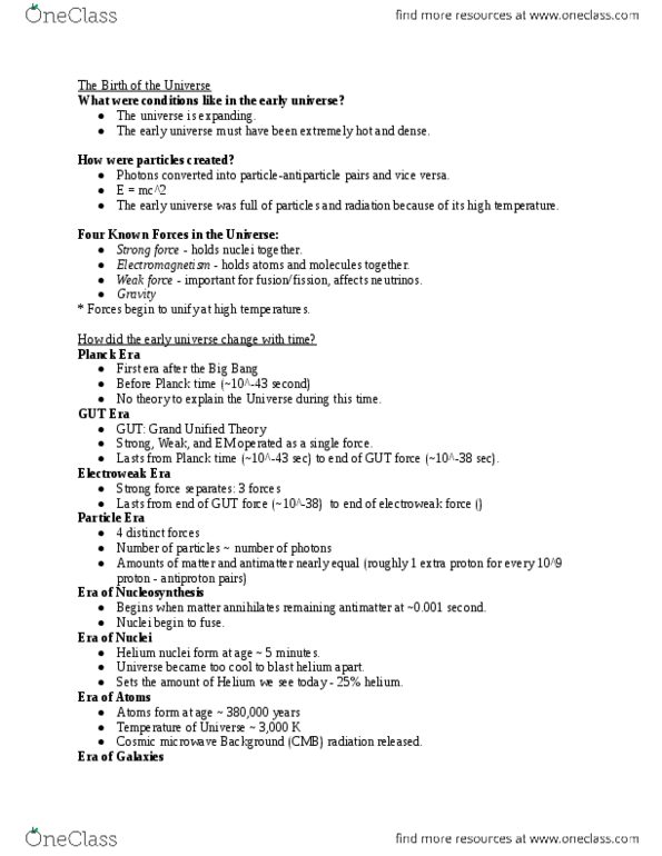 ASTRON 100 Lecture Notes - Wilkinson Microwave Anisotropy Probe, Cosmic Microwave Background, Grand Unified Theory thumbnail