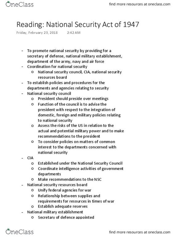 HIST 221 Chapter Notes - Chapter reading: National Security Resources Board, United States Department Of Defense, President Of The United Nations Security Council thumbnail