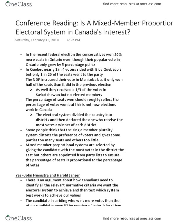 POLI 222 Chapter Notes - Chapter reading: First-Past-The-Post Voting, Proportional Representation, Caucus thumbnail