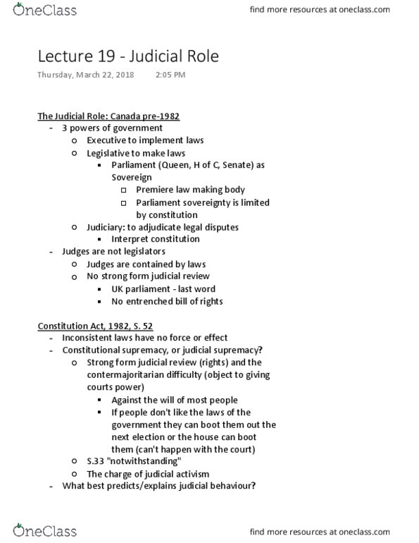 POLI 222 Lecture Notes - Lecture 19: Constitution Act, 1982, Judicial Activism thumbnail