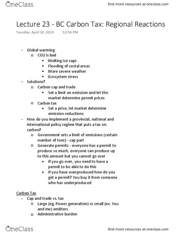 POLI 222 Lecture Notes - Lecture 23: Carbon Footprint, Economic Efficiency, Global Warming thumbnail