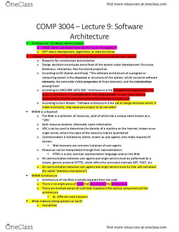COMP 3004 Lecture Notes - Lecture 9: Software Architecture, Hypertext Transfer Protocol, Floor Plan thumbnail