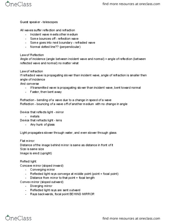 01:750:109 Lecture Notes - Lecture 10: Seismic Refraction, Curved Mirror, Reflecting Telescope thumbnail