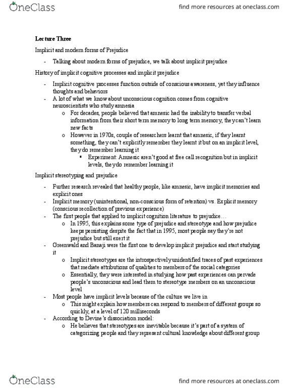 PSYC12H3 Lecture Notes - Lecture 3: Implicit Stereotype, Implicit Memory, Mahzarin Banaji thumbnail