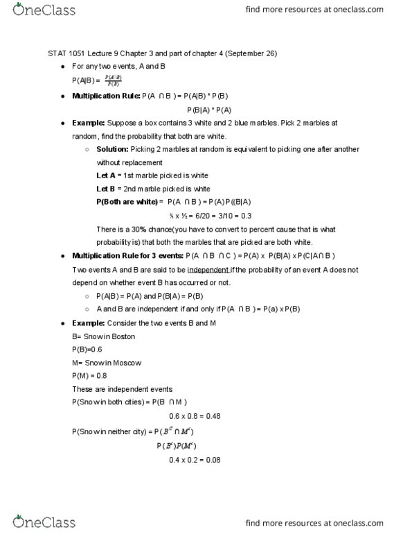 STAT 1051 Lecture Notes - Lecture 10: Sample Space, Countable Set, Random Variable cover image