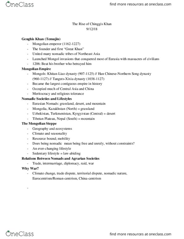 HIST1005 Lecture Notes - Lecture 1: List Of Largest Empires, Genghis Khan, Mongolian-Manchurian Grassland thumbnail