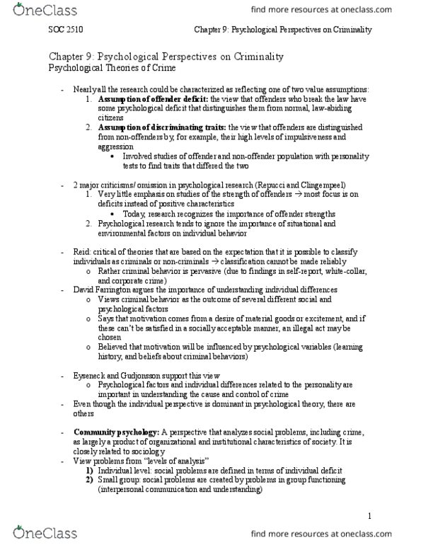 SOC 2510 Chapter Notes - Chapter 9: Community Psychology, Corporate Crime, Social Learning Theory thumbnail
